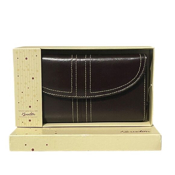 Buxton Handbags - Buxton Bifold Wallet Brown Leather White Stitch Detail Credit Card New In Box